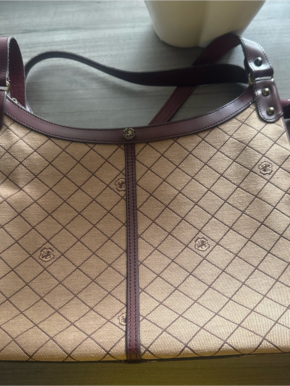 Beige and Burgundy Quilted Shoulder Bag